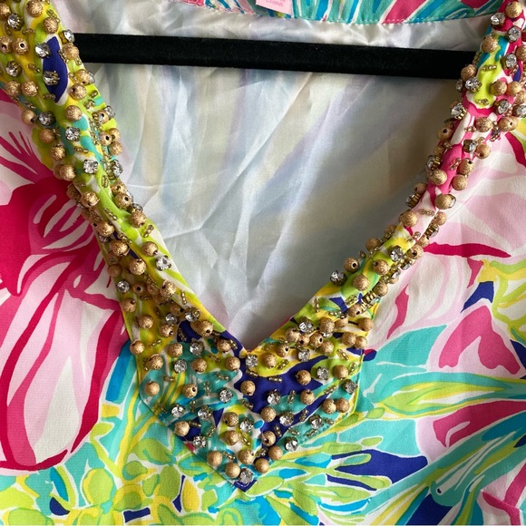 Lilly Pulitzer Saemus Dress Schooner Blue Land Escape Beaded Rhinestone Neckline - Picture 6 of 8